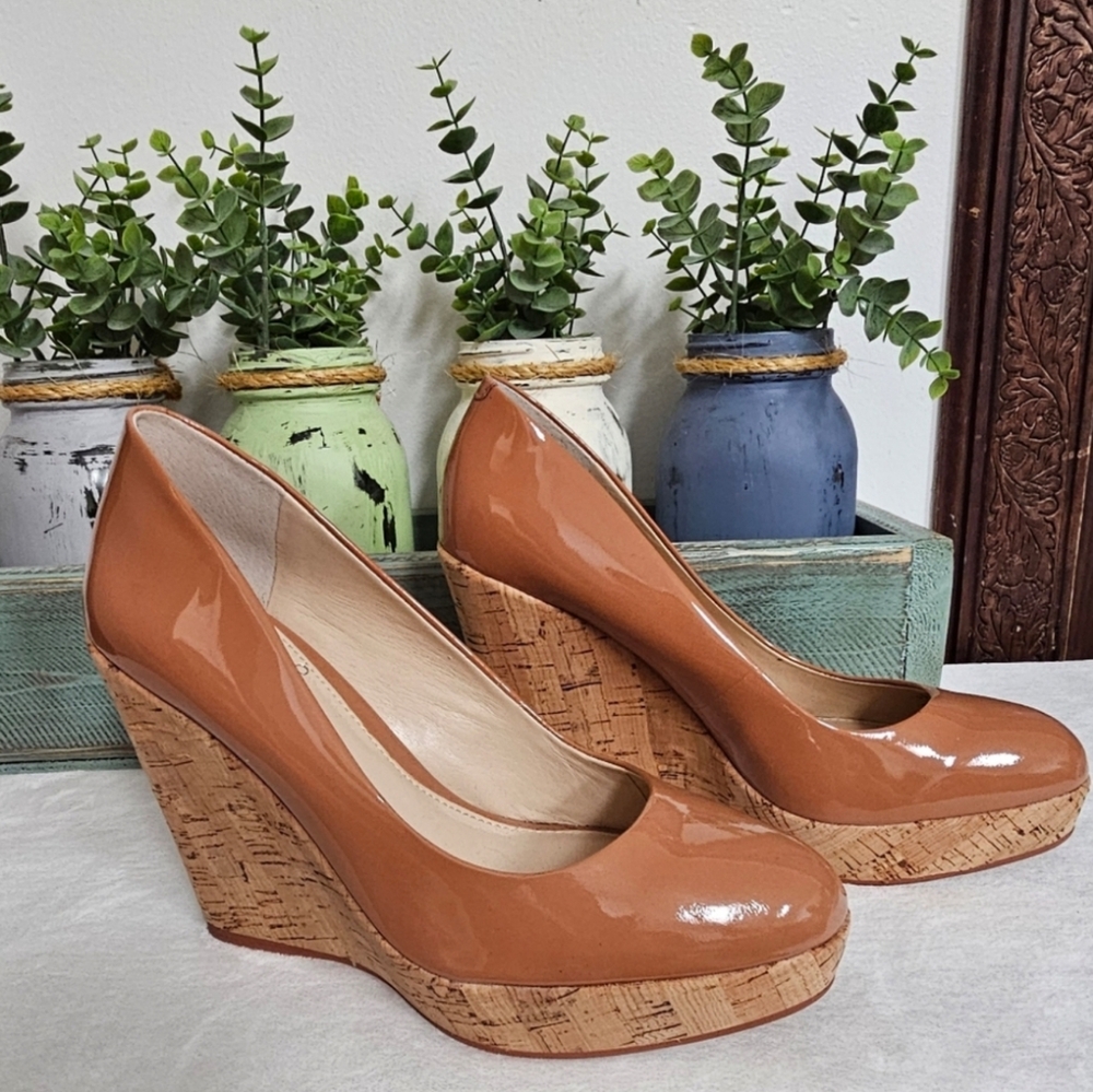 Vince Camuto Faran Nude Shiny Patent Leather Cork Wedge Heels